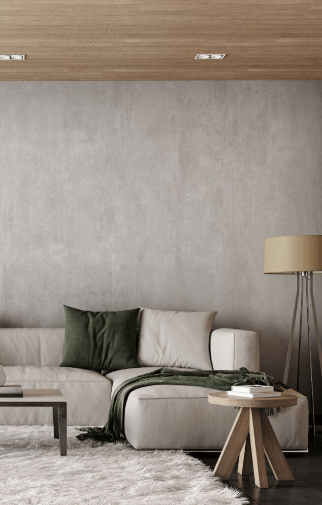 グレーの壁とソファーのモダンなリビング